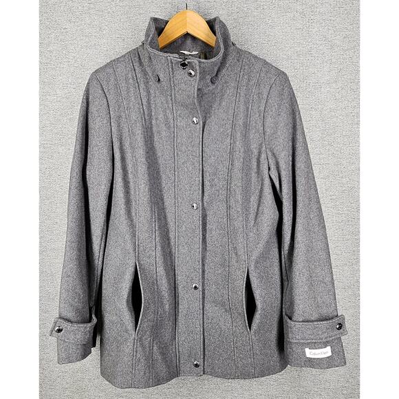 CALVIN KLEIN WOMENS GRAY WOOL BLEND PEACOAT SIZE 12 DETACHABLE HOOD - Picture 10 of 12